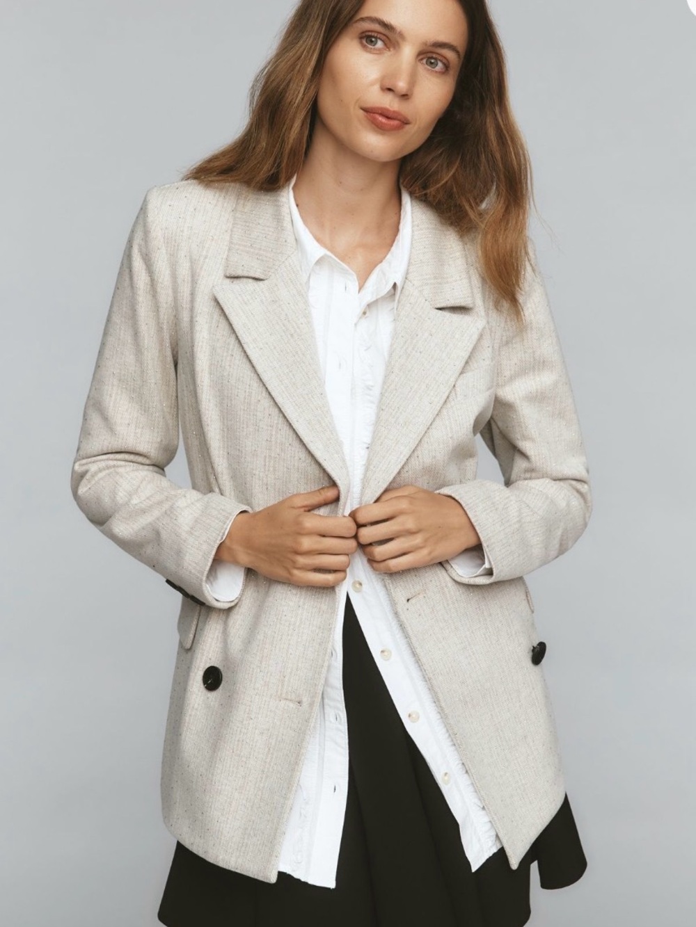 Avec Les Filles Oatmeal Cream and Rhinestone Sparkle Double-Breasted Blazer